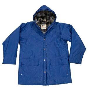 Vintage Misty Harbor Hooded PVC Rain Coat Size M Snap Button Blue Plaid Jacket